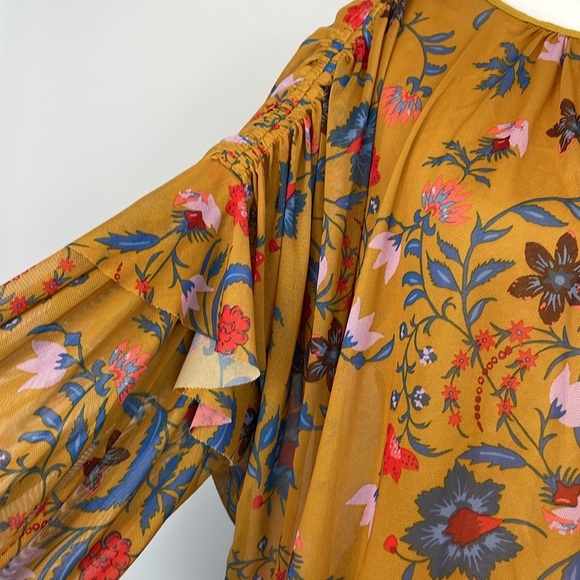 Free People Mustard Yellow Wild Flower Honey Mesh Top. Size XS/Small. - Picture 7 of 14
